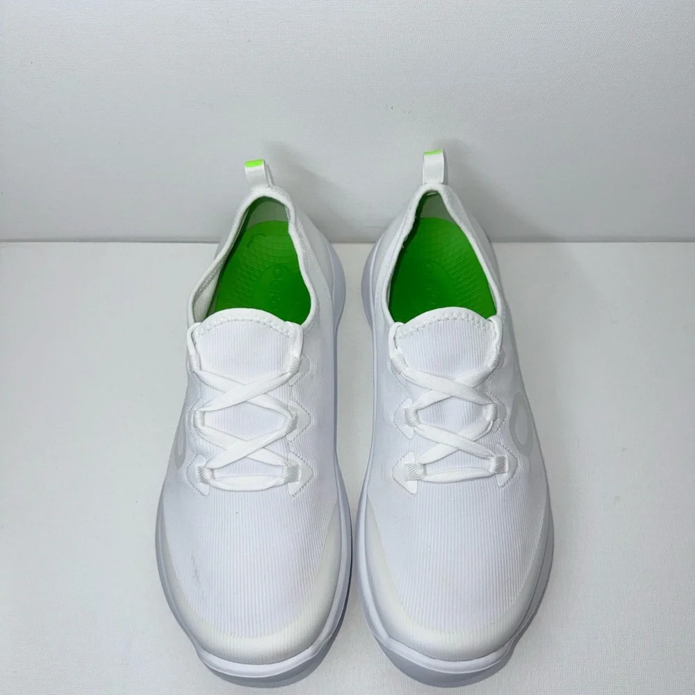 OOFOS Women’s White Athletic Slip-On Sneakers with Light Green Accents - Picture 3 of 8